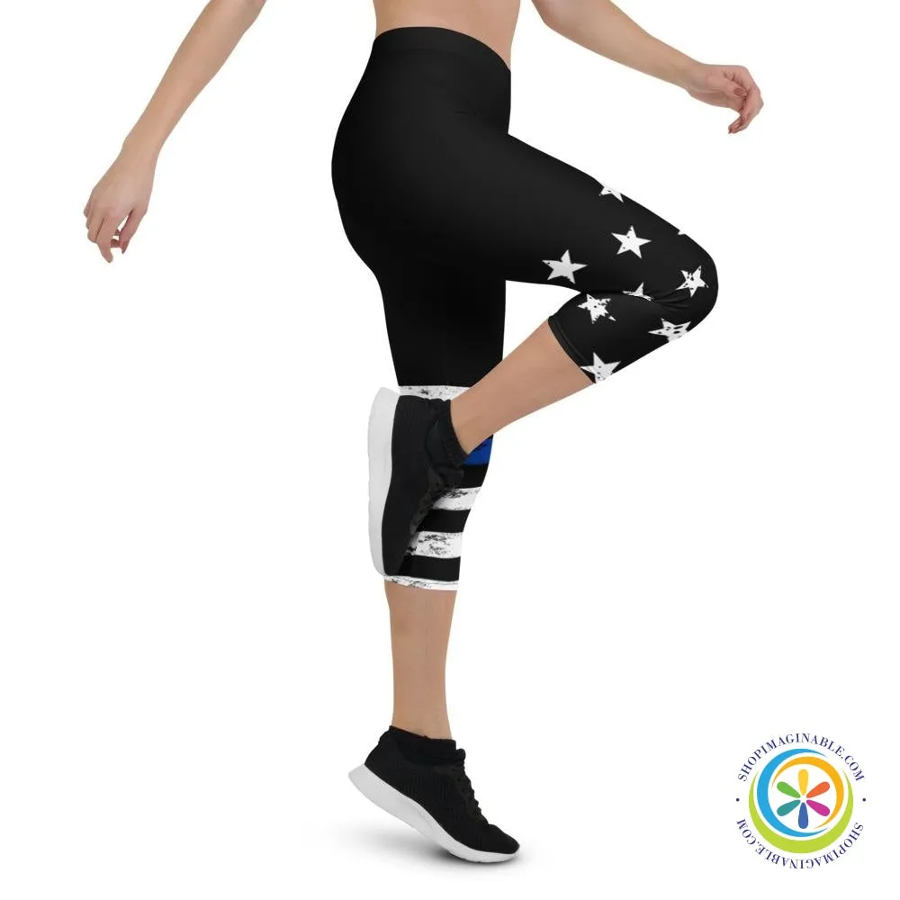 Blue & White Striped Star  Capri Leggings