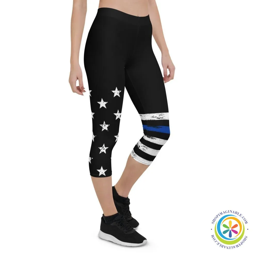 Blue & White Striped Star  Capri Leggings