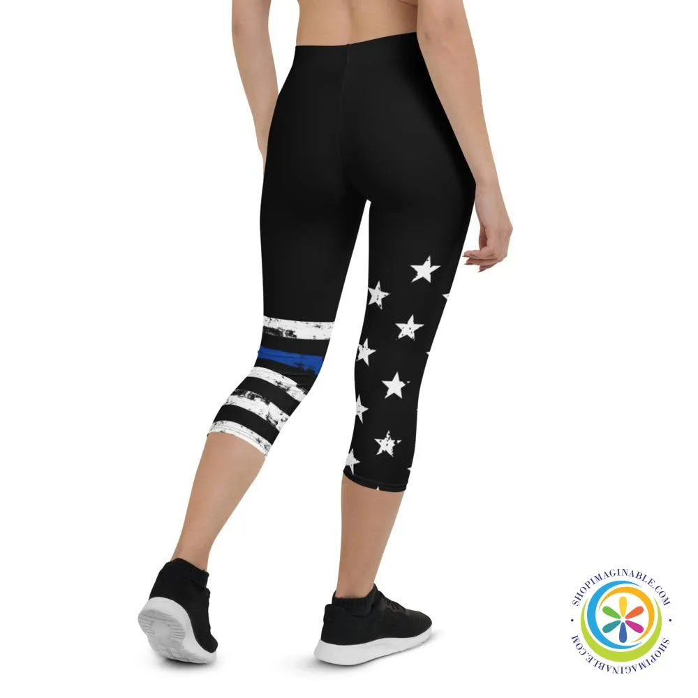 Blue & White Striped Star  Capri Leggings