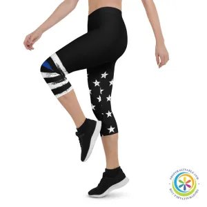 Blue & White Striped Star  Capri Leggings
