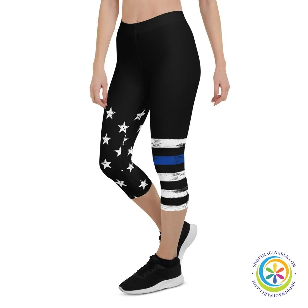 Blue & White Striped Star  Capri Leggings