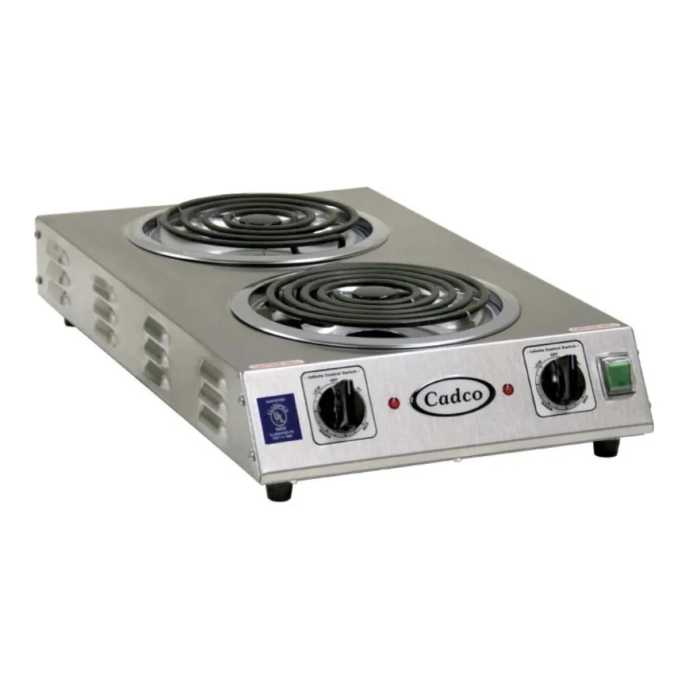 Cadco CDR-2TFB Double Burner Stainless Steel Portable Electric Front-to-Back Hot Plate with 8" Tubular Elements - 3,000W, 220V