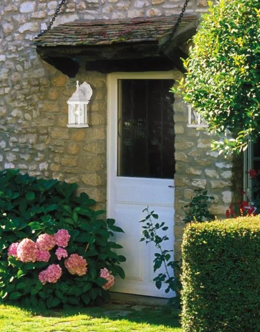 One-Light Exterior Wall Lantern, Textured White Finish on Cast Aluminum with Clear Beveled Glass Panels