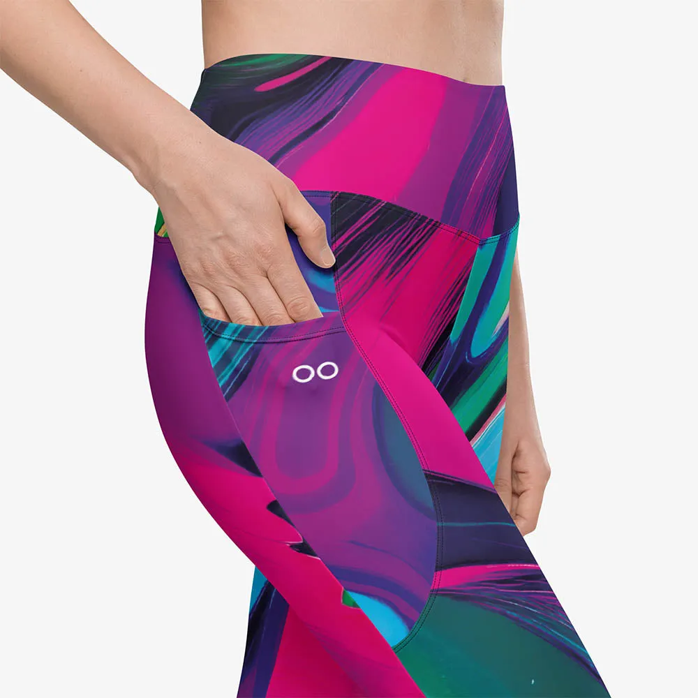 Recycled Printed Leggings "Funky Lava" Green/Magenta with Pockets