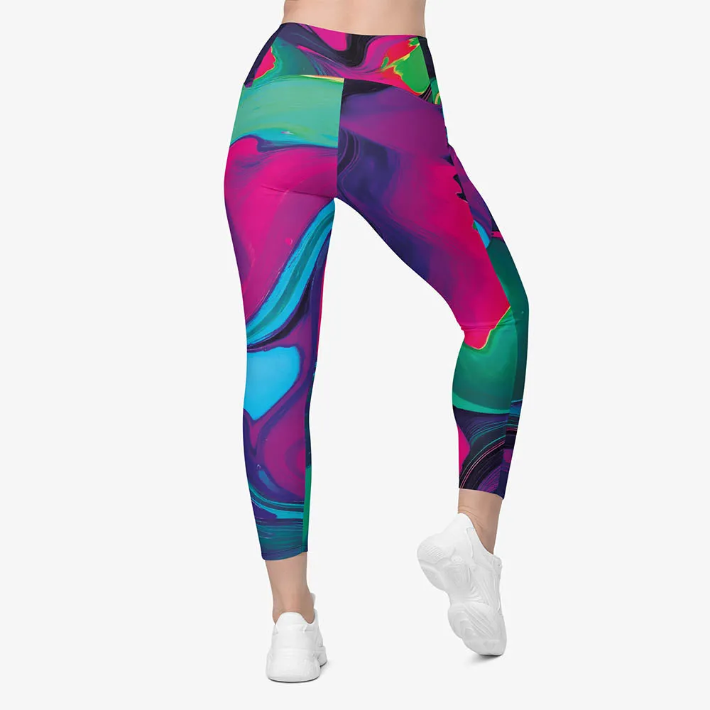 Recycled Printed Leggings "Funky Lava" Green/Magenta with Pockets