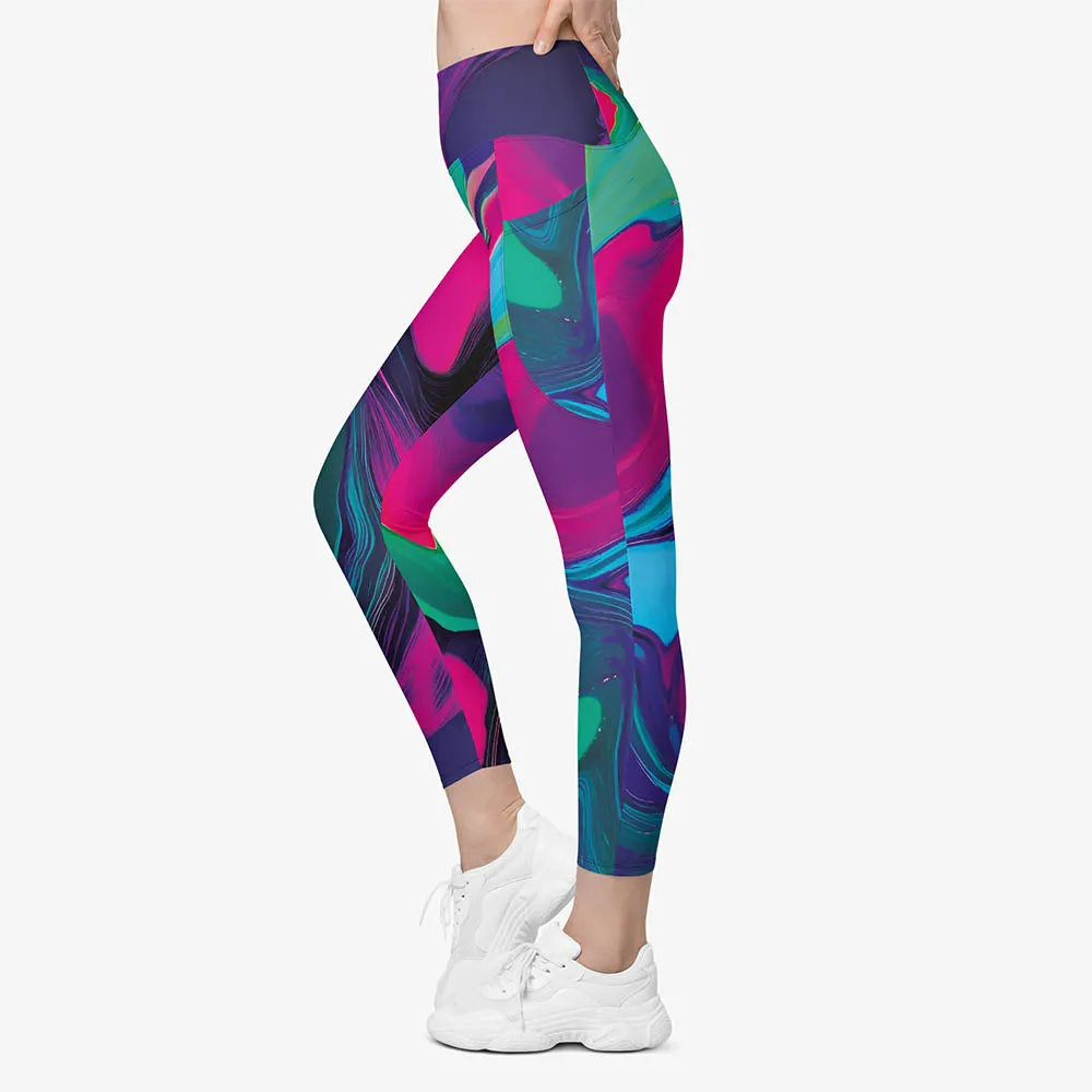 Recycled Printed Leggings "Funky Lava" Green/Magenta with Pockets