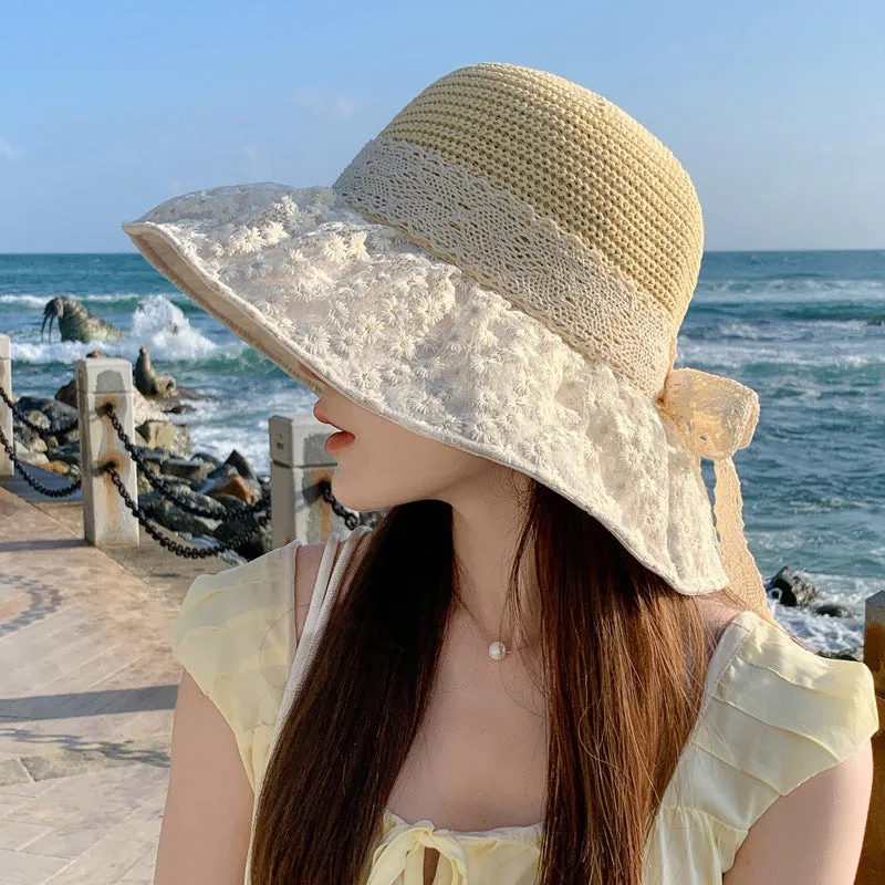Sun Block Lace Bow Straw Hat with Large Brim