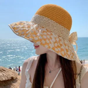 Sun Block Lace Bow Straw Hat with Large Brim