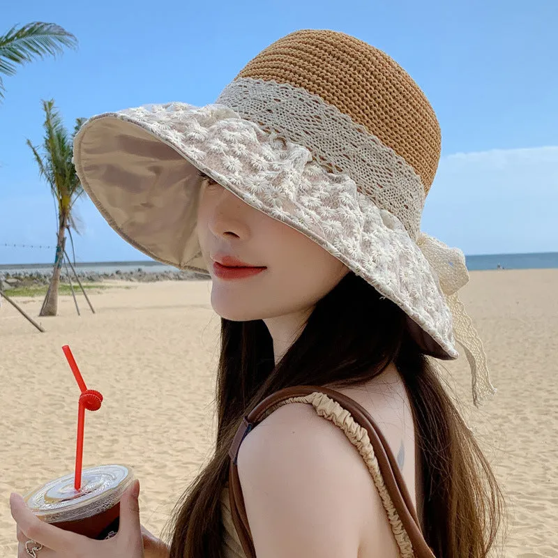 Sun Block Lace Bow Straw Hat with Large Brim
