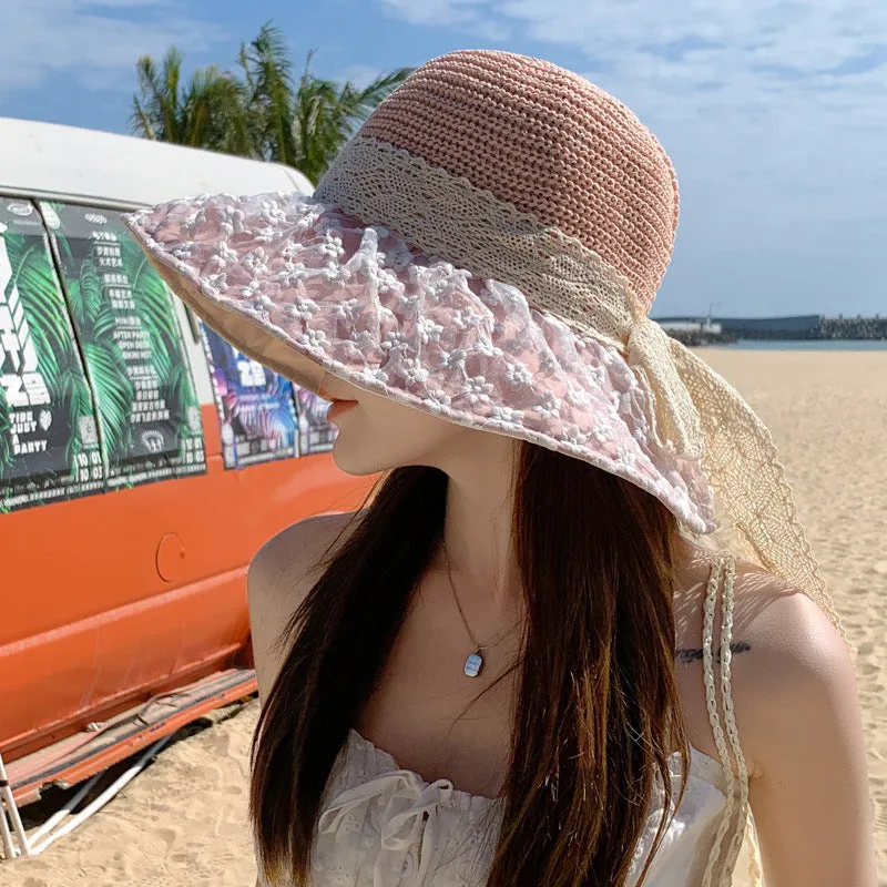 Sun Block Lace Bow Straw Hat with Large Brim