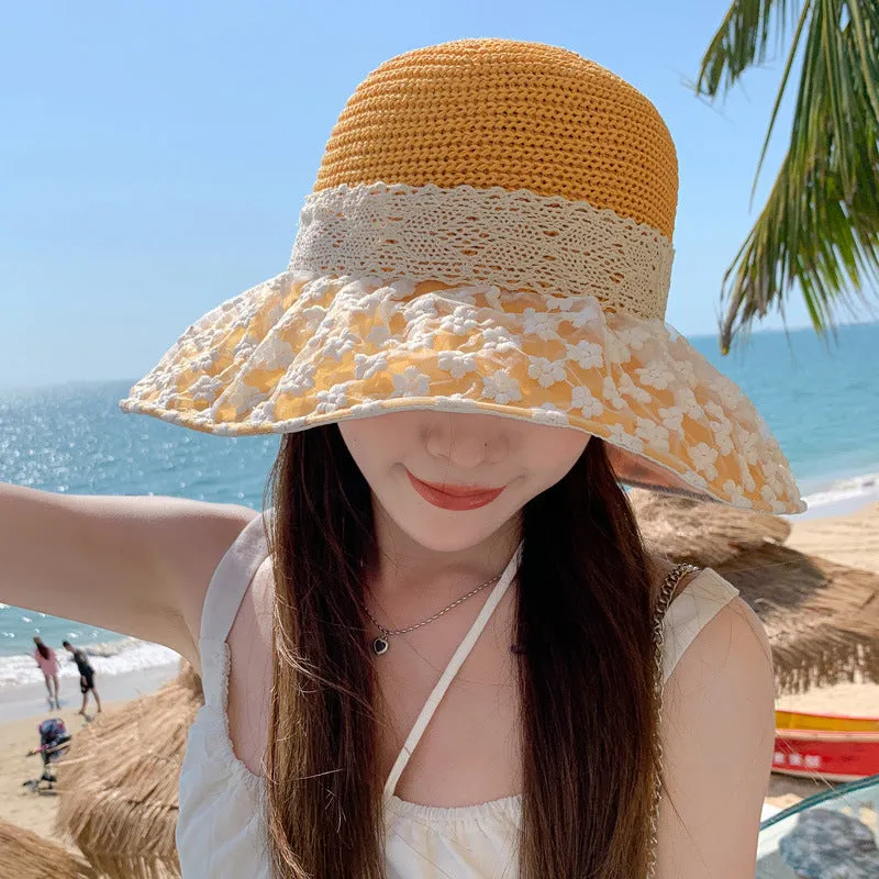 Sun Block Lace Bow Straw Hat with Large Brim