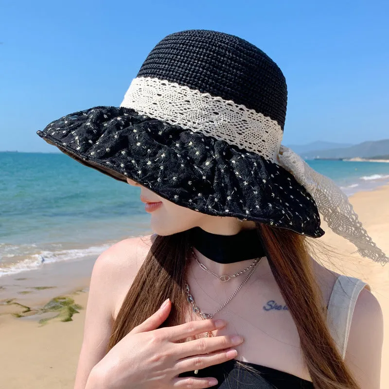 Sun Block Lace Bow Straw Hat with Large Brim